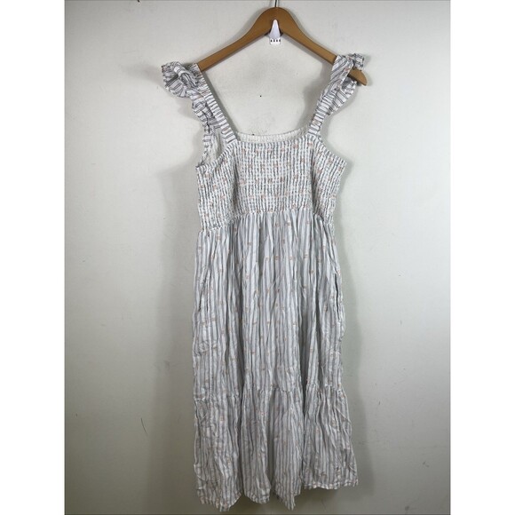 Loft Clip Stripe Smocked Ruffle Midi Dress Dot Embroidered White Gray Large - Picture 4 of 6